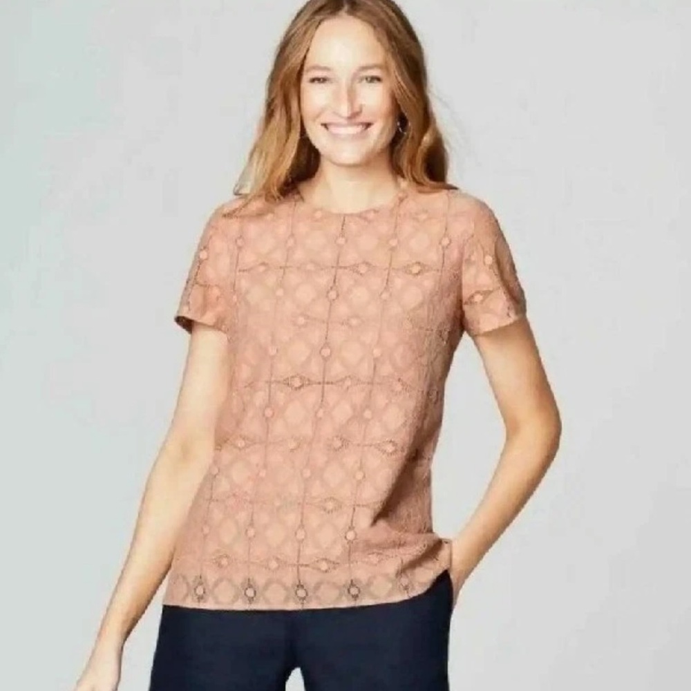 J. Jill Short Sleeve Lace Top in rose tan all seasons classic quiet luxury